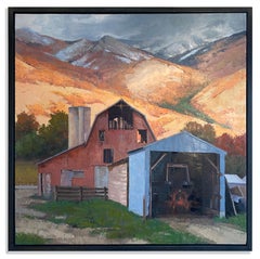The Sliver of Light (Sunset, snow-capped mountains, old red barn, salmon, blue)
