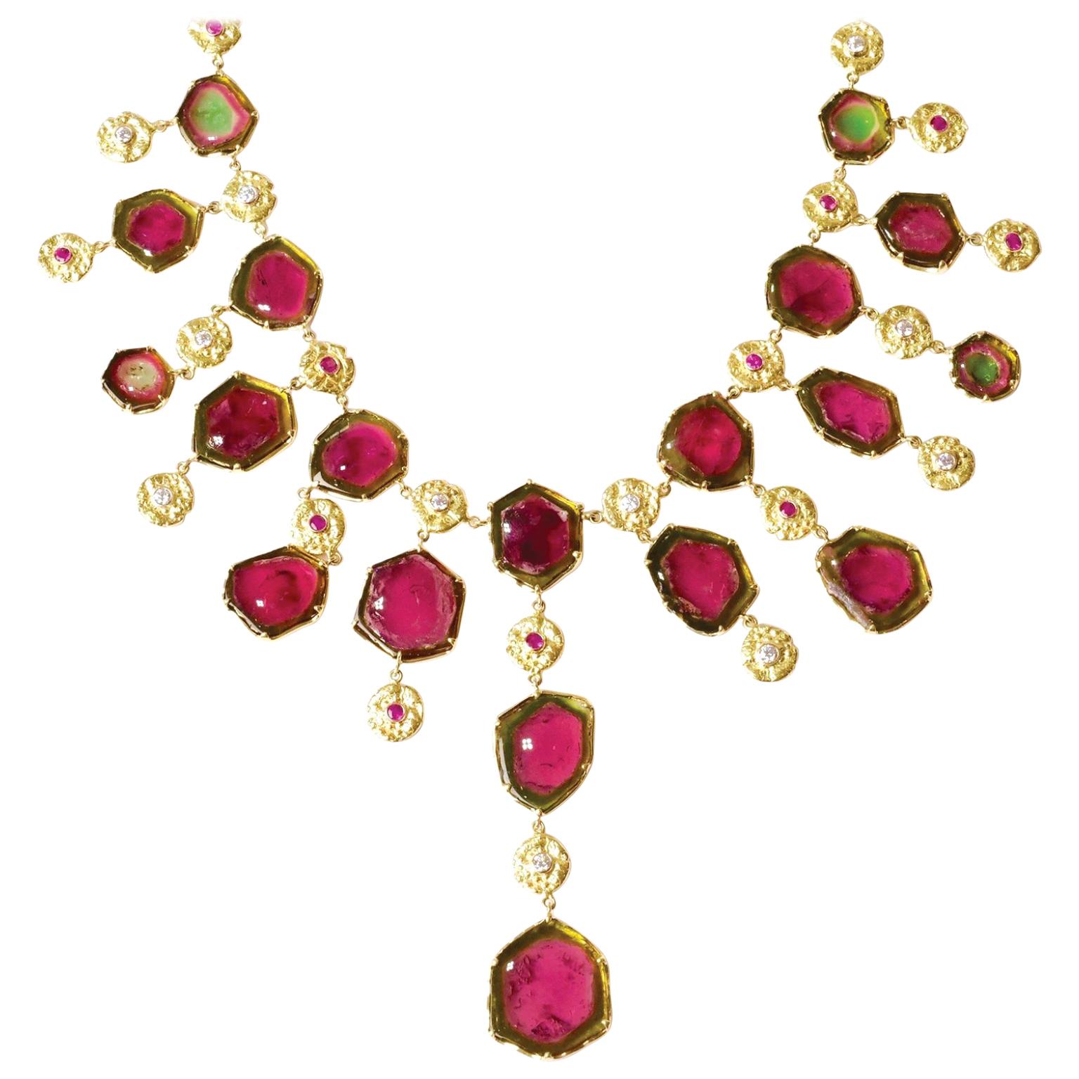 Susan Lister Locke "Seaquin" Watermelon Tourmaline, Sapphire & Diamond Necklace