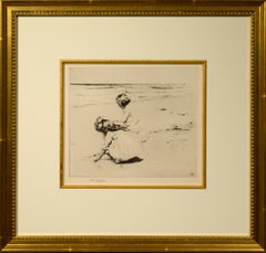 "Gathering Shells, " Sears Gallagher, etching, realist, beach scene, children