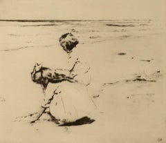 "Gathering Shells, " Sears Gallagher, etching, realist, beach scene, children