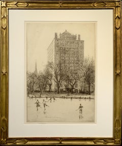"Ice Skating, Boston Public Garden, " Sears Gallagher, etching, realist