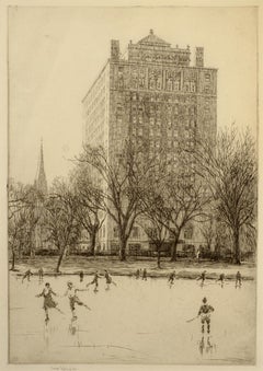 "Ice Skating, Boston Public Garden, " Sears Gallagher, etching, realist