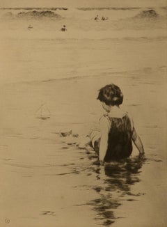 "Playing at the Beach, " Sears Gallagher, etching, realist, beach scene, children