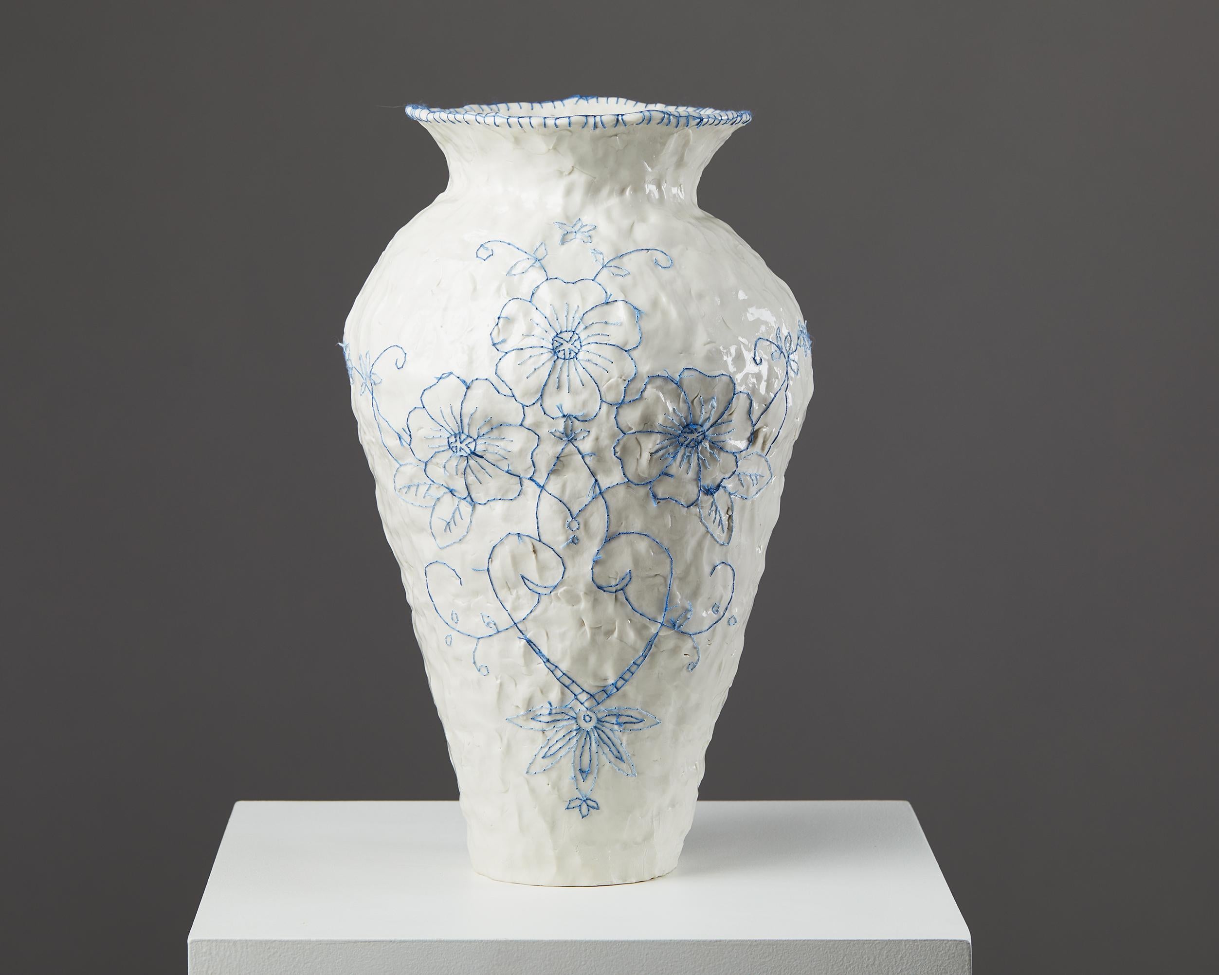 Embroidered vase designed by Caroline Harrius,
Sweden, 2021.

Made of porcelain and thread.

Dimensions:
H: 40 cm
Diamater: 25 cm 