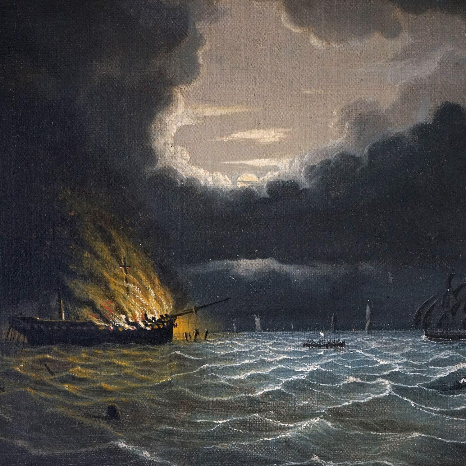 Antique Original Oil Painting, 19th Century

A ship is ablaze burning with flames and there are lifeboats attempting to rescue the crew. There is a stormy sky and the sea is choppy. The scene is illuminated by a break in the clouds.

There is an