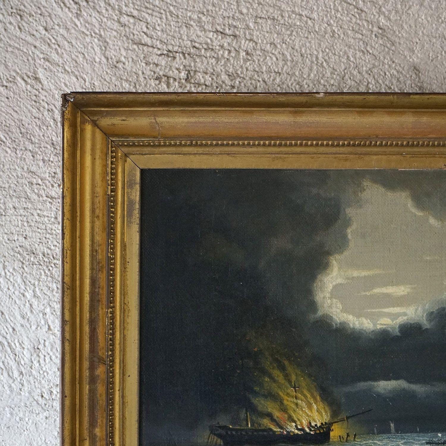 Seascape Depicting a Burning Ship, Antique Original Oil on Canvas Painting In Good Condition In Bristol, GB