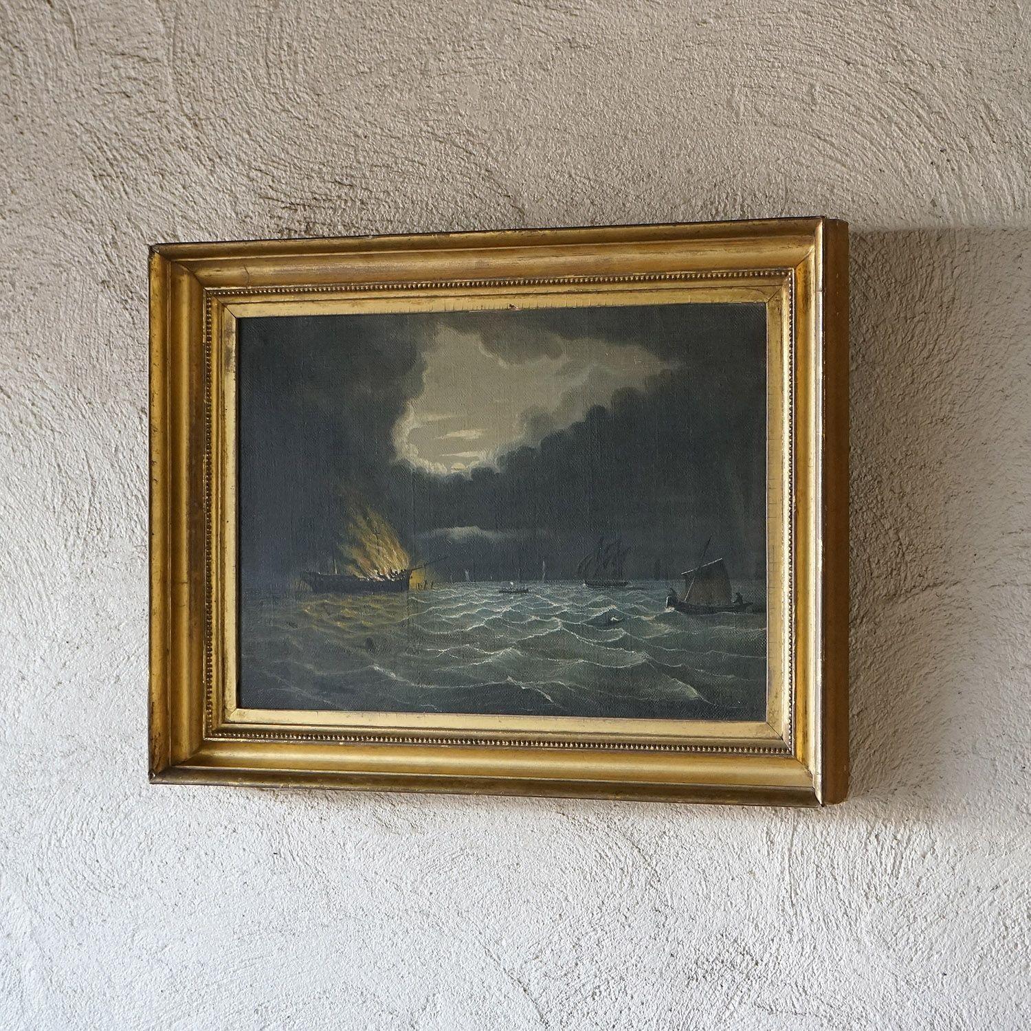 19th Century Seascape Depicting a Burning Ship, Antique Original Oil on Canvas Painting