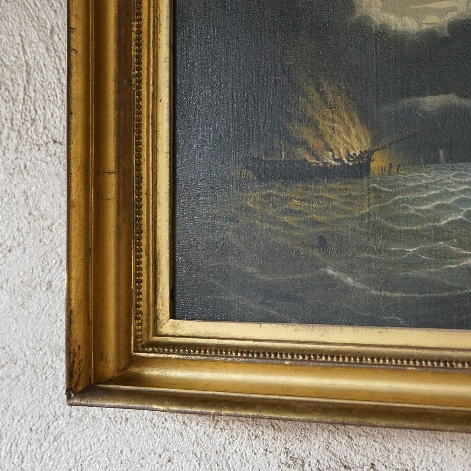 Seascape Depicting a Burning Ship, Antique Original Oil on Canvas Painting 1
