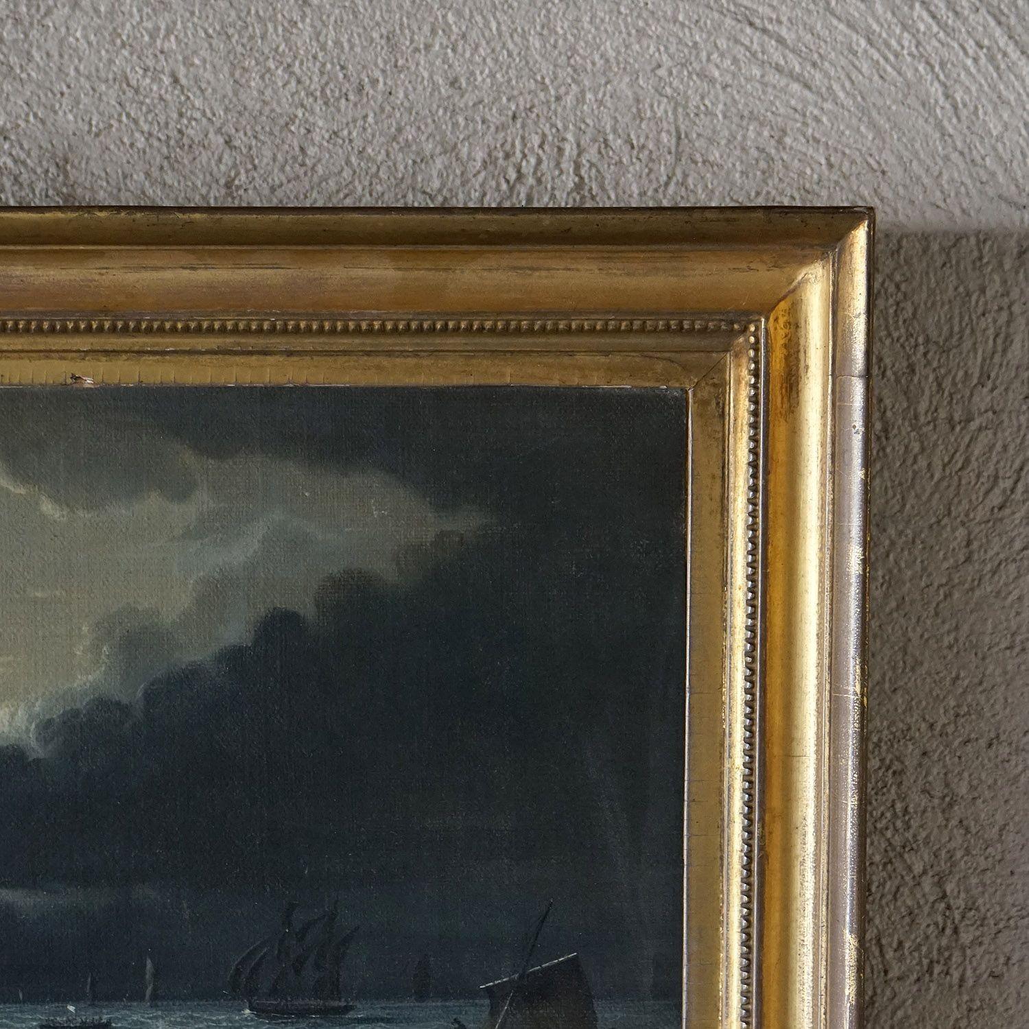 Seascape Depicting a Burning Ship, Antique Original Oil on Canvas Painting 2