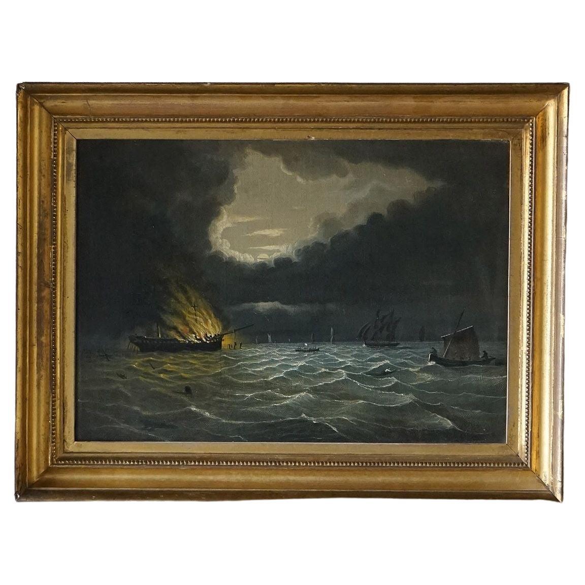 Seascape Depicting a Burning Ship, Antique Original Oil on Canvas Painting
