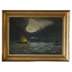 Seascape Depicting A Burning Ship, Antique Oil On Canvas Painting, 19th Century