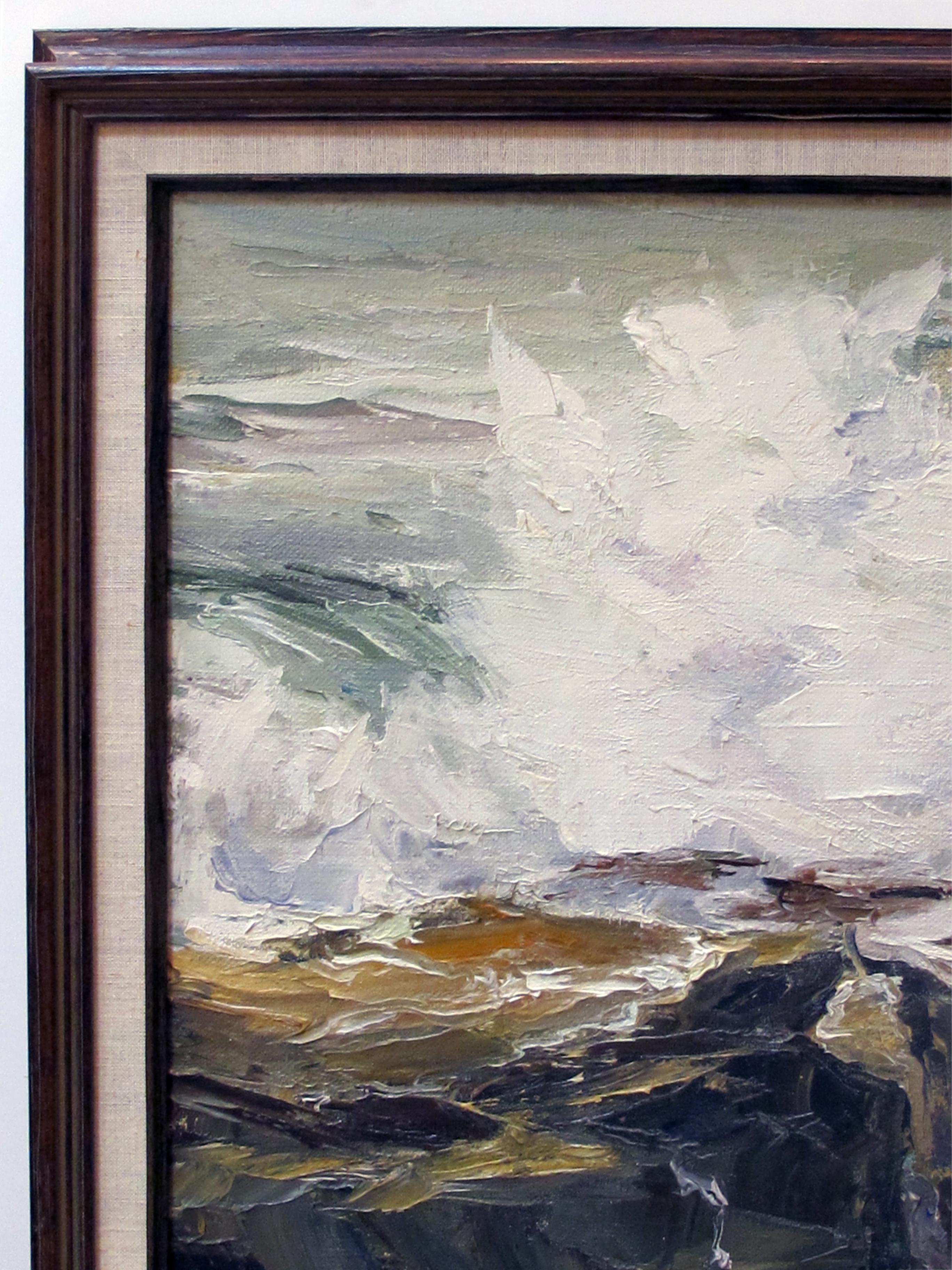An accomplished California artist and a master at capturing the mood of the sea with her impasto technique, laying on thick layers with visible brush and painting-knife strokes as the sea almost comes off the canvas; with old gallery label on the