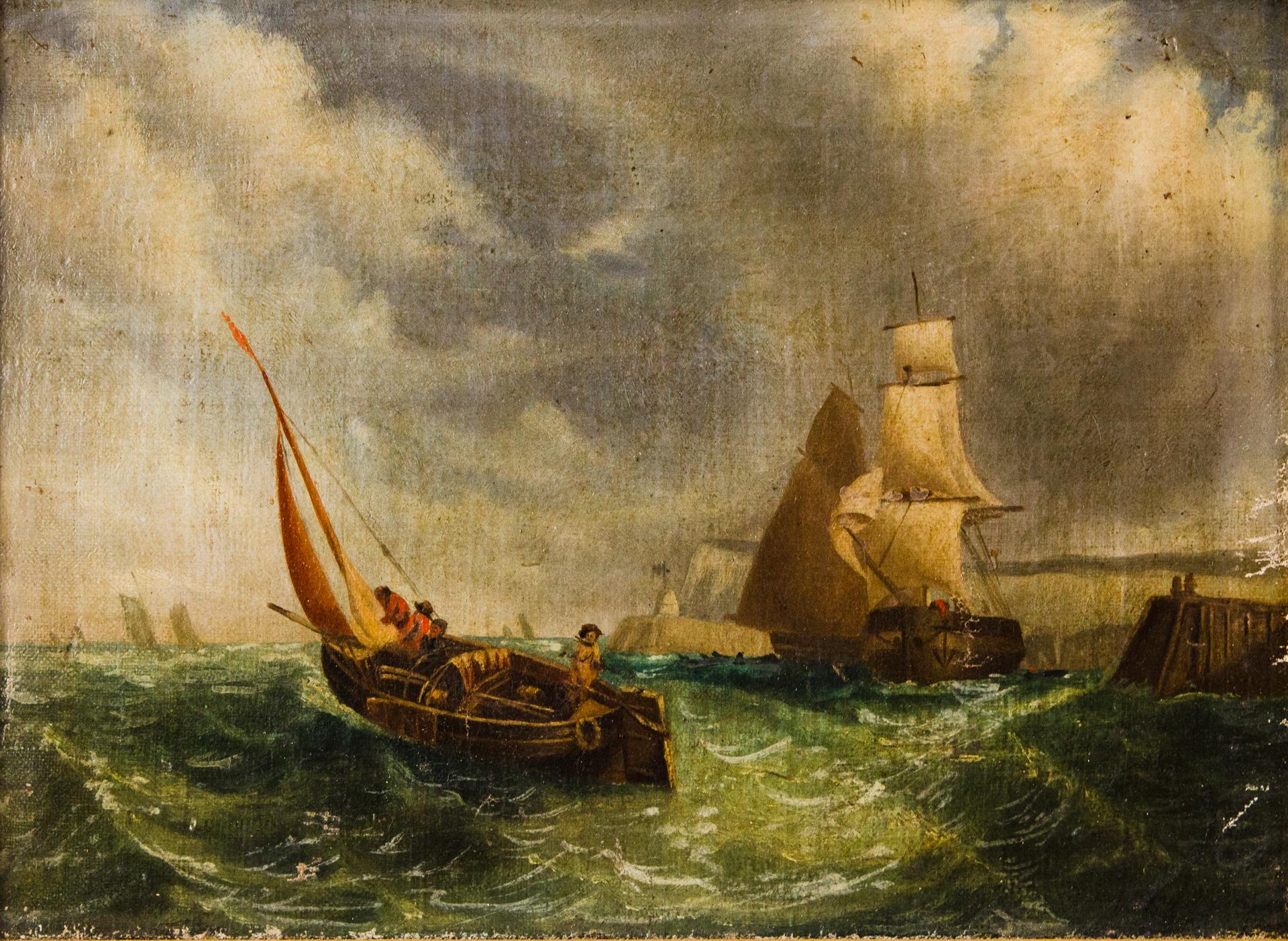 Picture made in oil technique on canvas, applied to a cardboard box. It was created before 1840. Backed.
Marine theme landscape. Presents a sailboat when entering a port. An unconfirmed signature of an English landscape painter and portraitist
