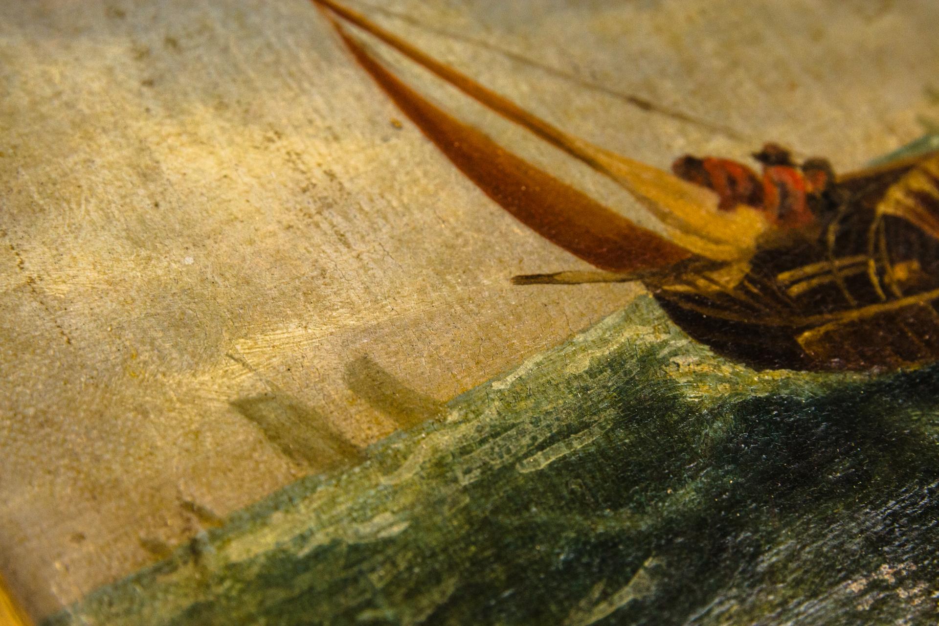 Hand-Painted Seascape, Oil on Canvas, Cardboard, Before 1840 For Sale