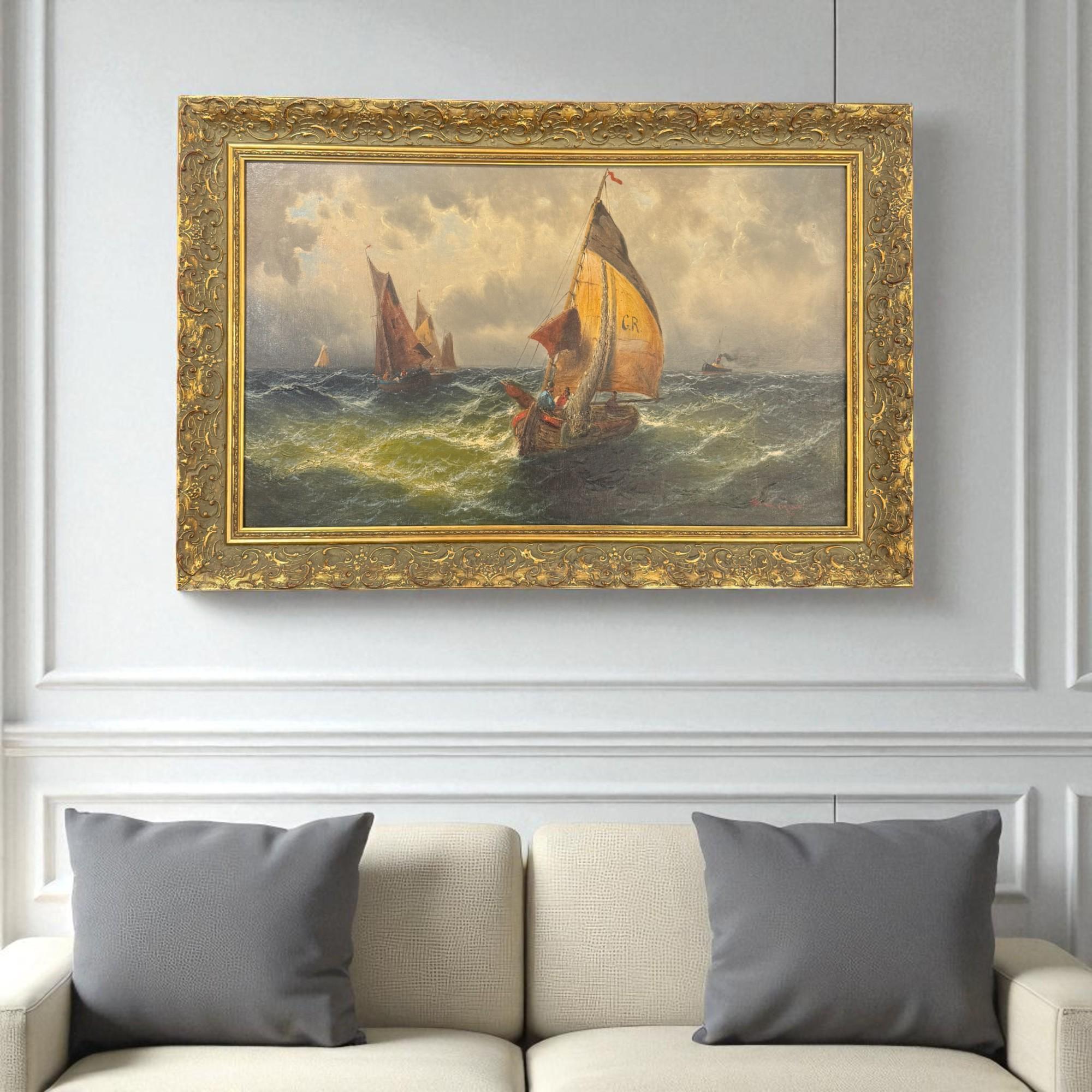 Marinemalerei aus dem 19. Jahrhundert, rechts unten vom Künstler H. Elmar signiert. Dieses fein gearbeitete Werk zeigt eine traditionelle Fischerszene auf dem Meer, in dramatisches Licht getaucht und unter stürmischem Himmel - Markenzeichen der