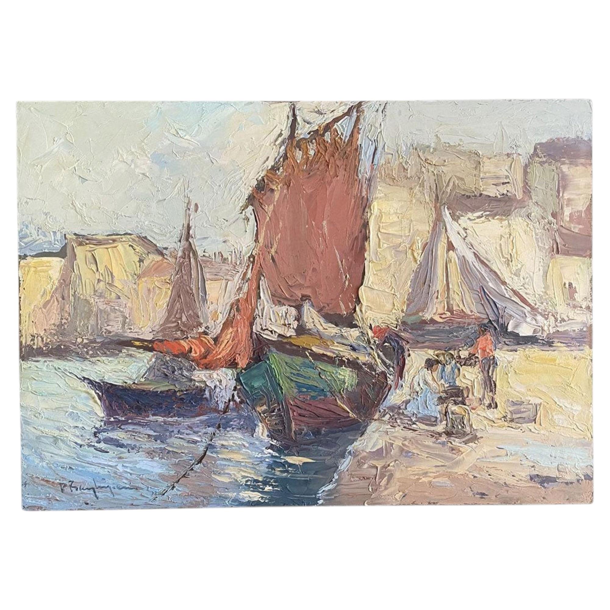 Seascape Oil Painting of Sailboats, Post-Impressionist, Signed, 1979