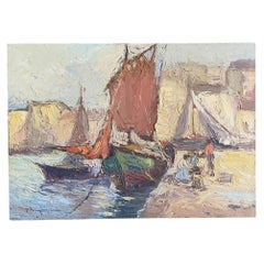 Seascape Oil Painting of Sailboats, Post-Impressionist, Signed, 1979