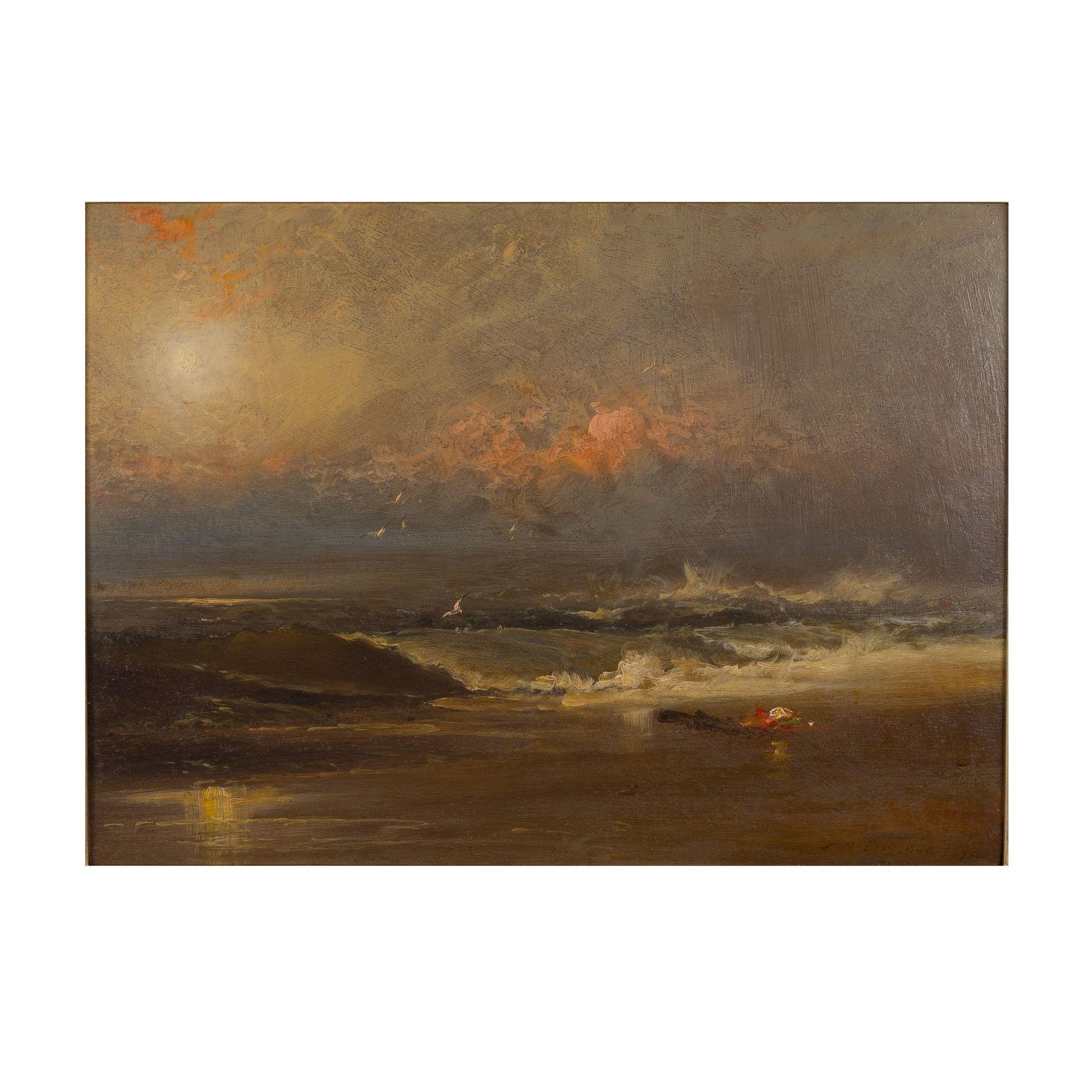 This oil on academy board work invokes an image of the shore after a storm, with luminescent fog settling on the storm tossed sea. Framed in a classic Hudson River School gold leafed fluted cove molding.

Signed in the canvas, lower right: F.D.