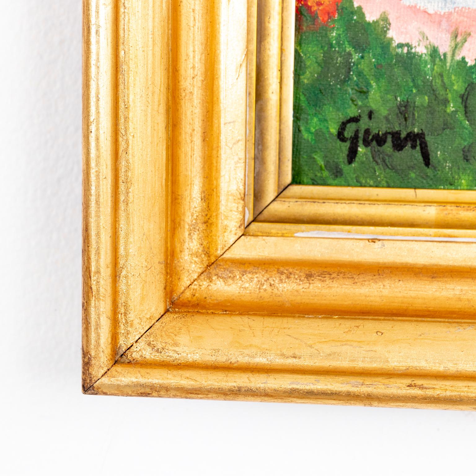 Circa 1950s oil on canvas tropical beach scene in a gilded frame depicting a pink sand beach, azure blue sea, and green foliage. The piece is signed, and possibly reads either 
