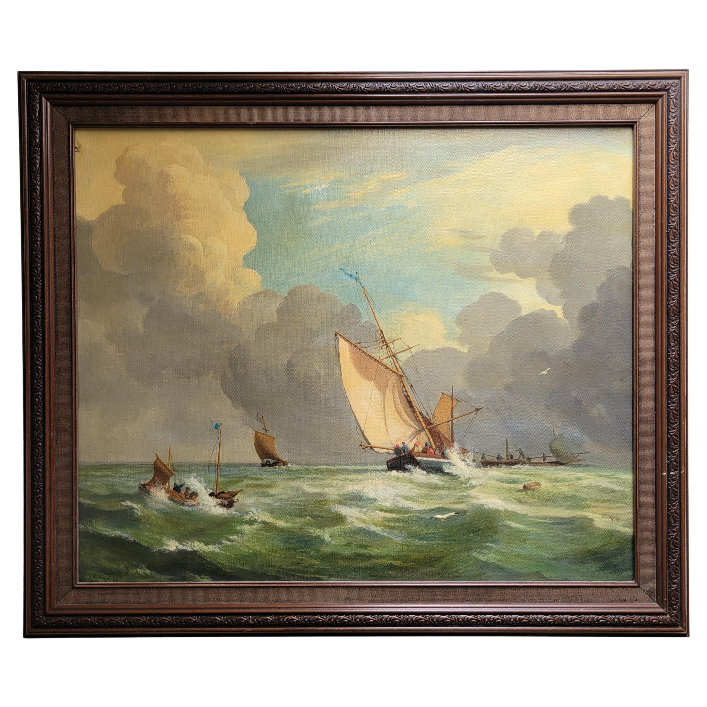 Gemälde einer Meereslandschaft mit Segelbooten von Oliver Trowell (britisch, datiert 1969)