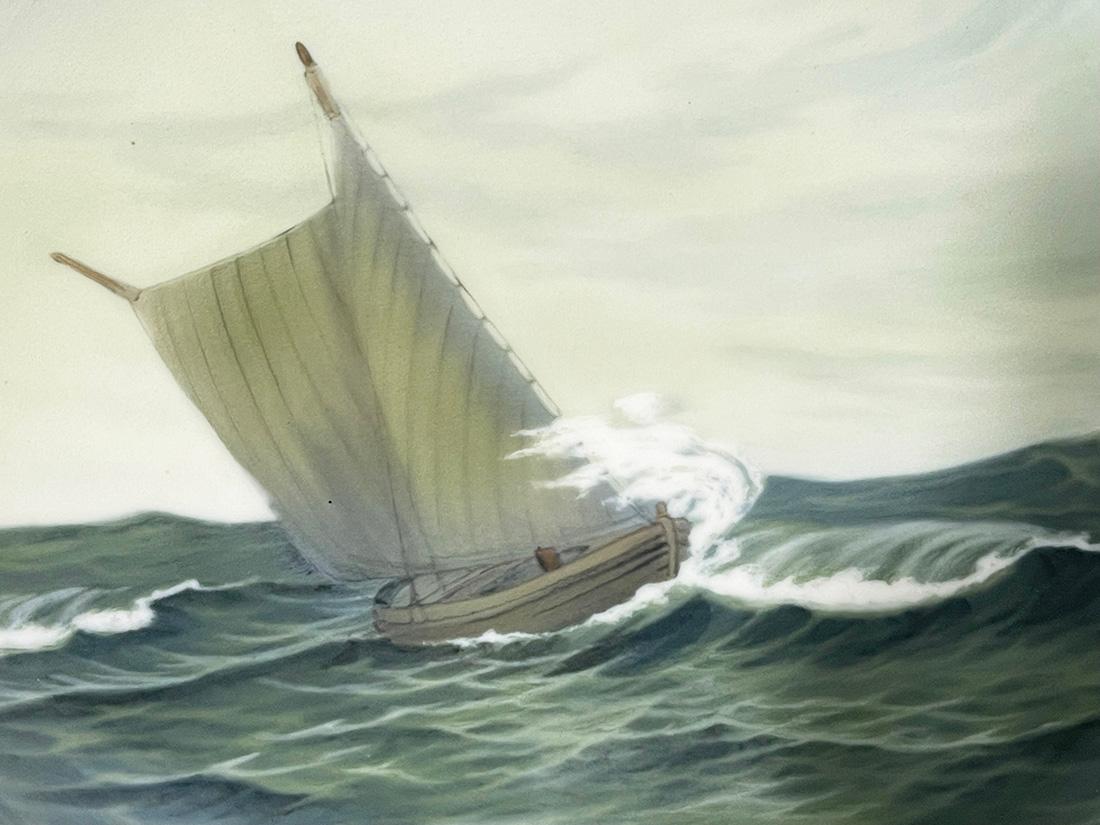 Seascape porcelain wall plate by Bing & Grøndahl, Denmark 1902-1914

A seascape scene with wooden sailboat on rough waves on a porcelain plate by Bing & Grøndahl, Denmark 1902-1914 with decor number 6502 / 357-25. Painter initials AV on the