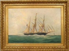 Seascape Ship Painting, Hand-Painted, Napoleon III Style, 26x37 IN