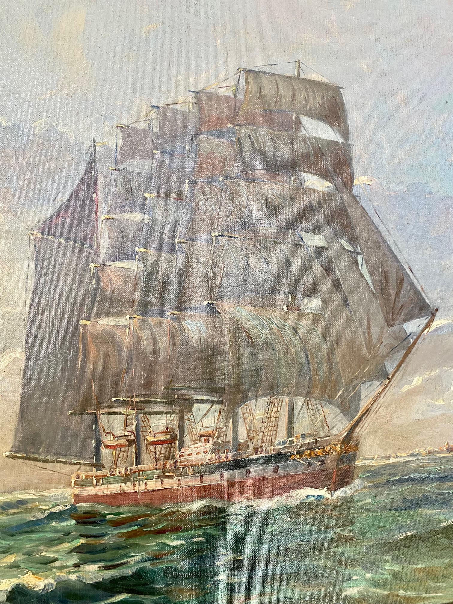 Other Seascape with a Five Masted Bark, by Julius Gregersen, circa 1920s For Sale