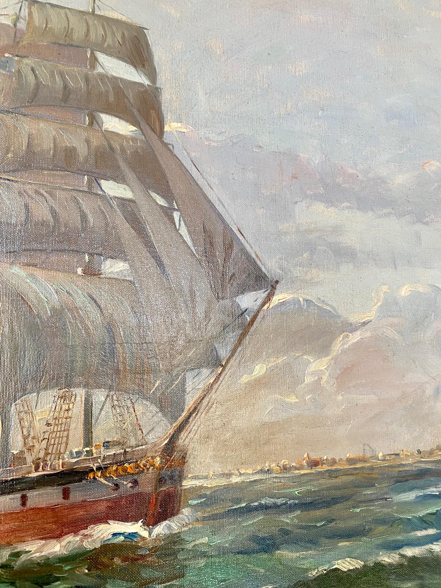 Hand-Painted Seascape with a Five Masted Bark, by Julius Gregersen, circa 1920s For Sale