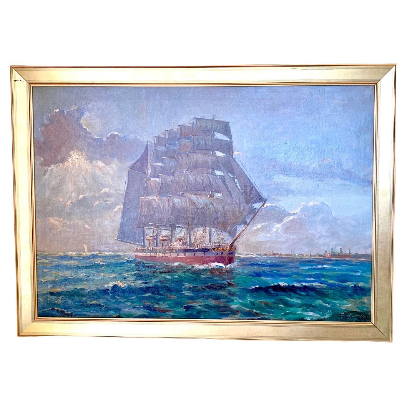 Seascape with a Five Masted Bark, by Julius Gregersen, circa 1920s For Sale