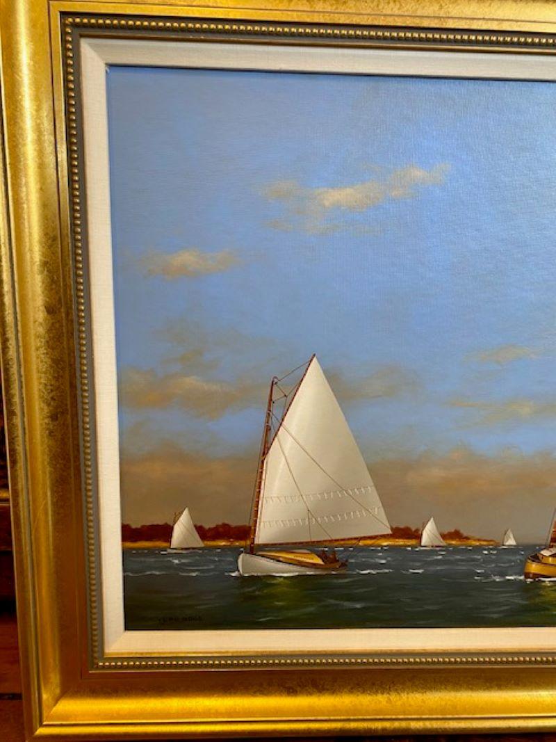 Seascape with Catboats off Coast, by Vern Broe (1930 - 2011), circa 1990s, an oil on panel modern realist painting with catboats sailing along a Nantucket or Cape Cod shoreline, signed lower left. An unusually large painting by this New England