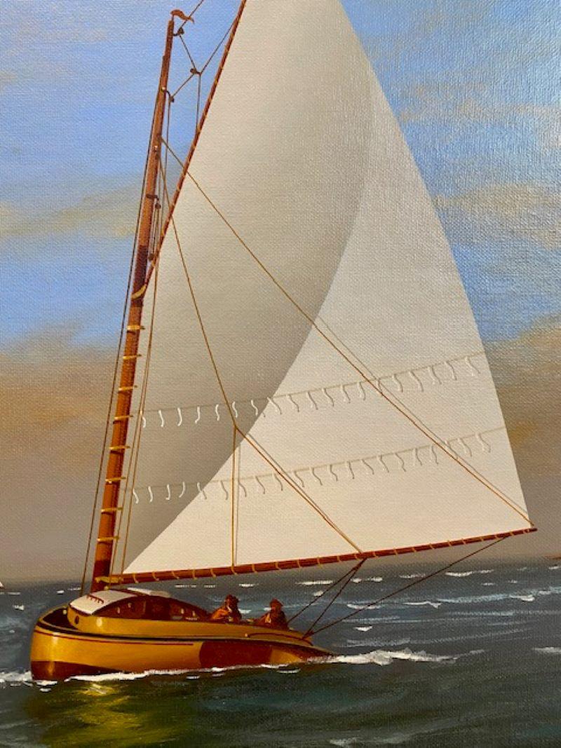American Seascape with Catboats off Coast, by Vern Broe, circa 1990s For Sale