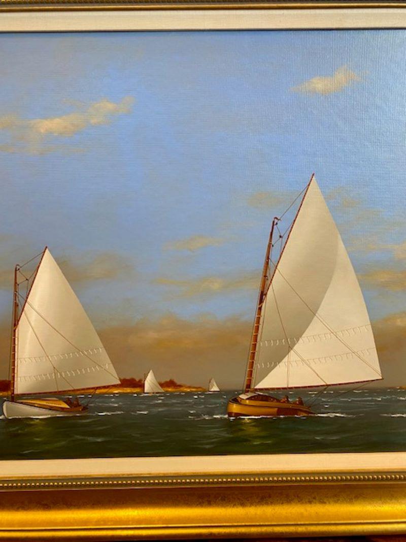Hand-Painted Seascape with Catboats off Coast, by Vern Broe, circa 1990s For Sale