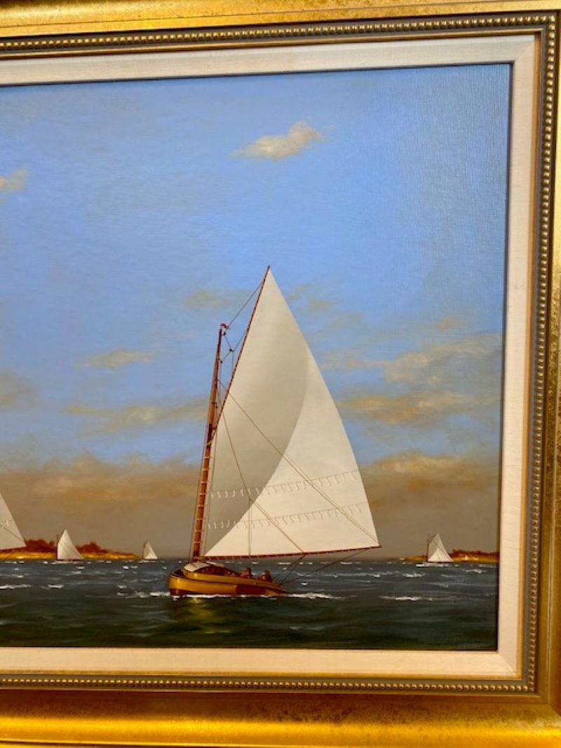 Seascape with Catboats off Coast, by Vern Broe, circa 1990s In Good Condition For Sale In Nantucket, MA