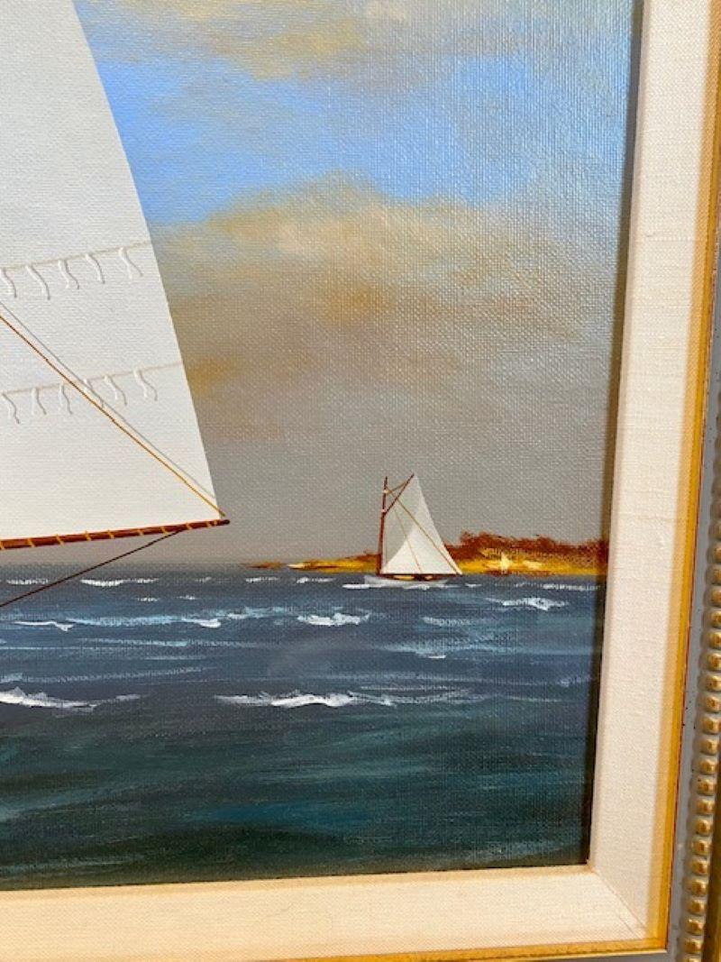 Late 20th Century Seascape with Catboats off Coast, by Vern Broe, circa 1990s For Sale