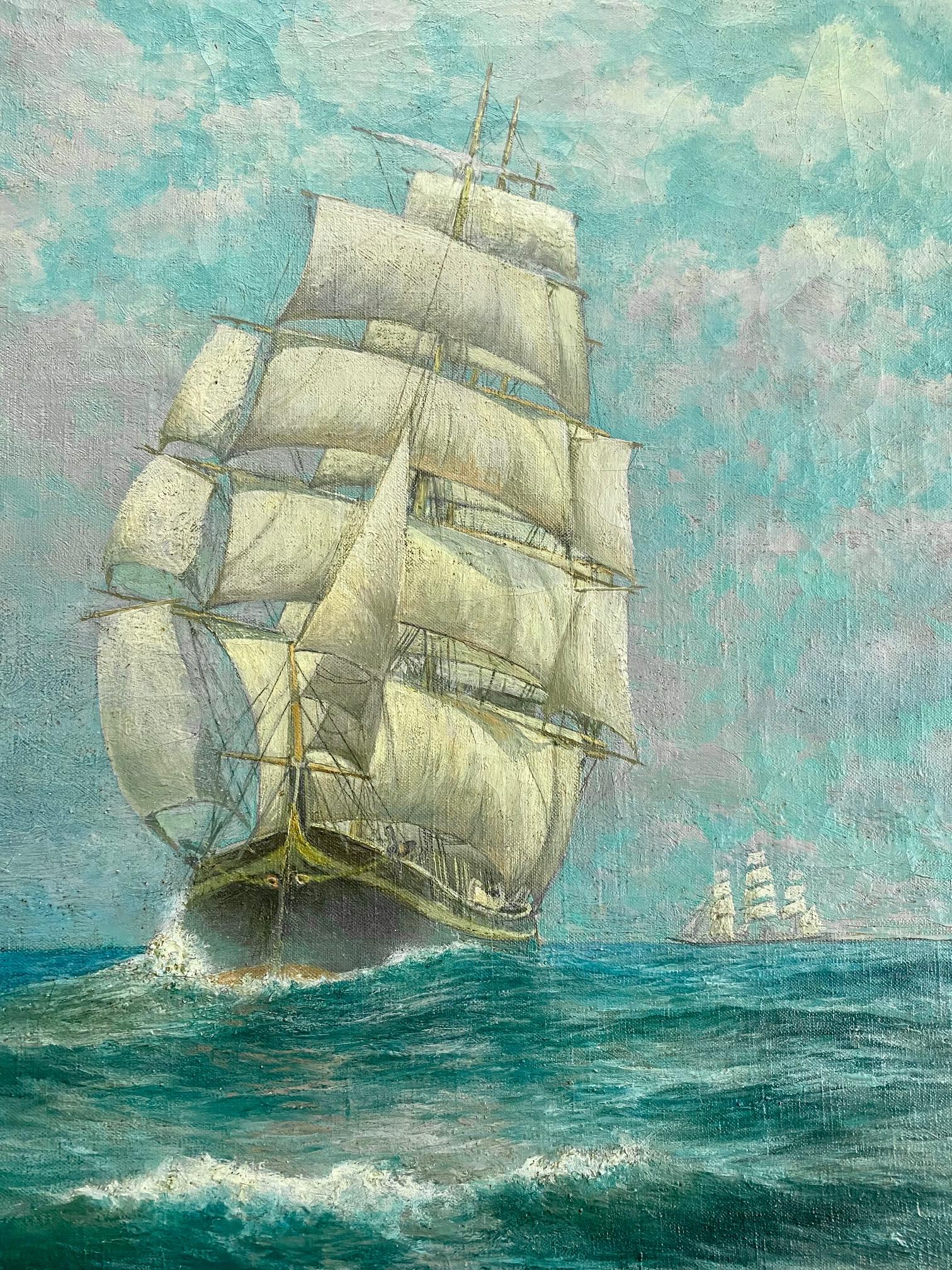 Seascape with Clippership by George Howell Gay (American: 1858 - 1931), circa 1890, an oil on canvas bow view of a clippership under full sail, running with stun'sls and skysails set, on lively sea under blue cloudy sky, with a second square-rigger