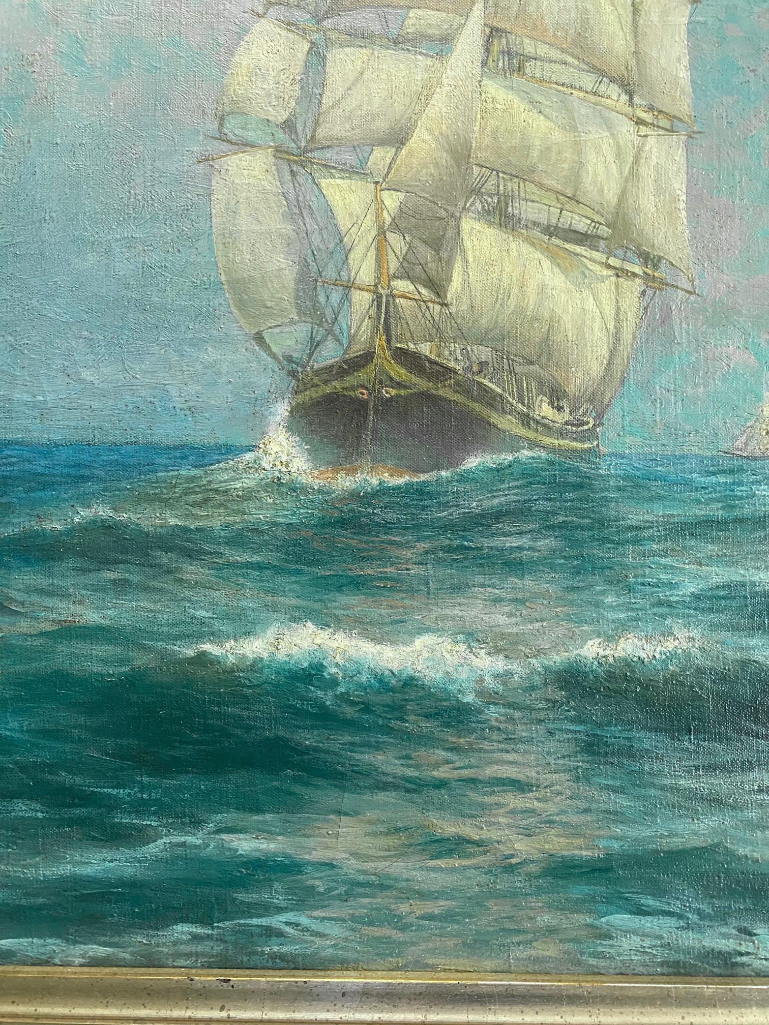 Hand-Painted Seascape with Clippership by George Howell Gay (American: 1858 - 1931), ca 1890 For Sale