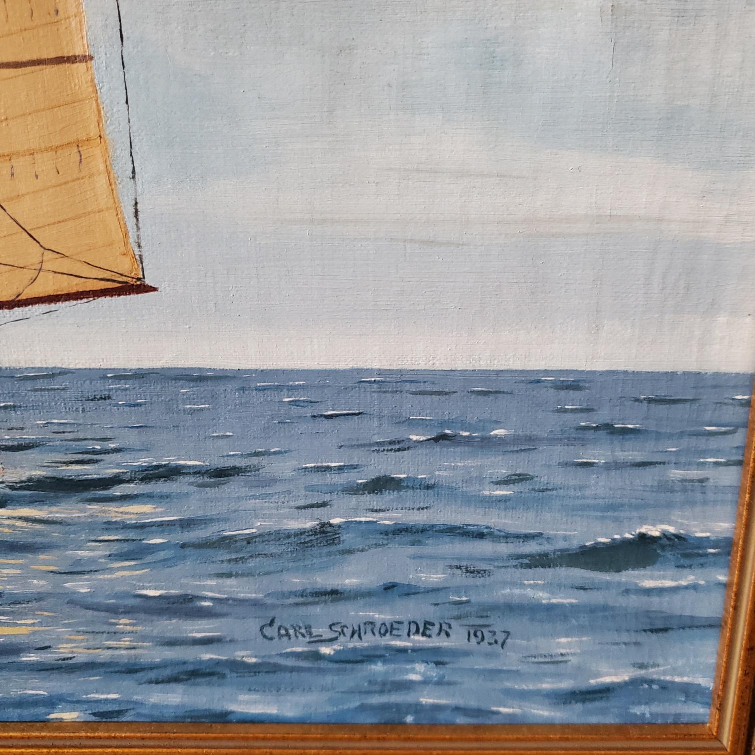 Canvas Seascape with Portrait of a Schooner-Rigged Yacht, Signed and Dated 1937 For Sale