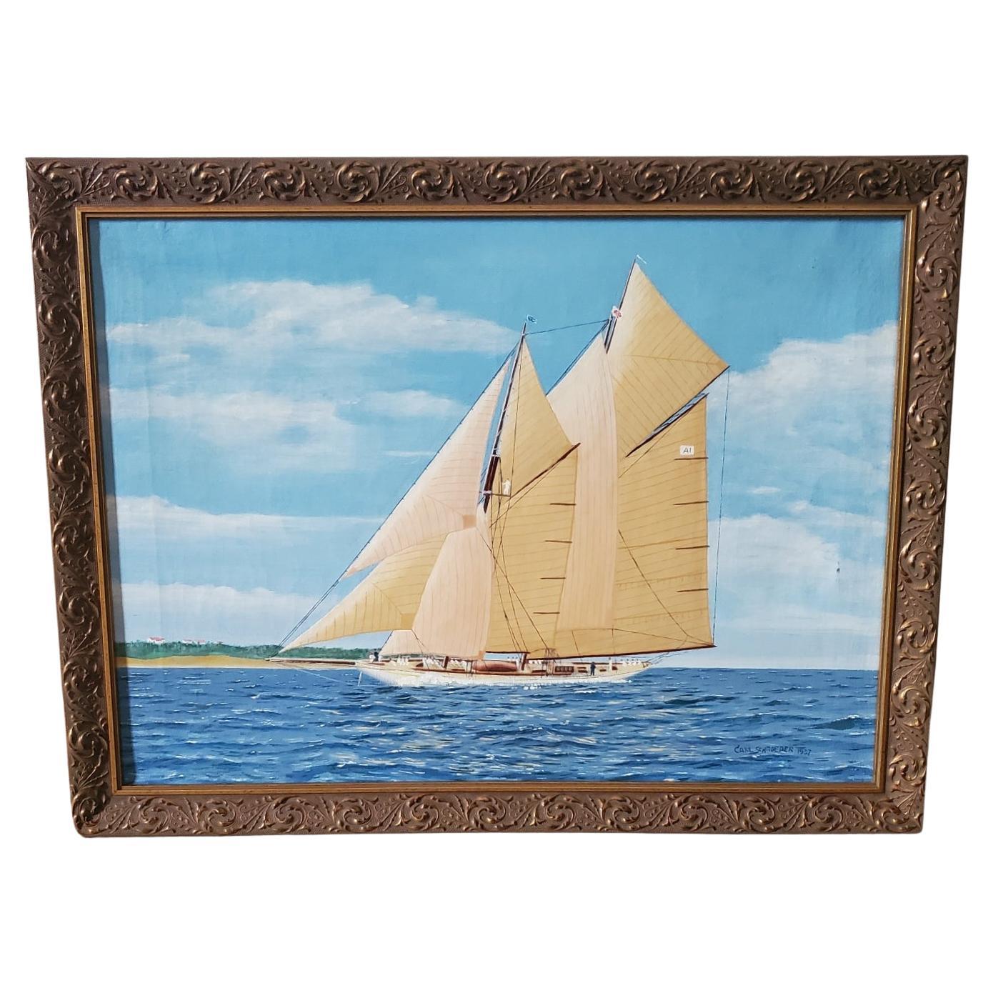 Seascape mit Porträt einer schiffsförmigen Yacht, signiert und datiert 1937 im Angebot