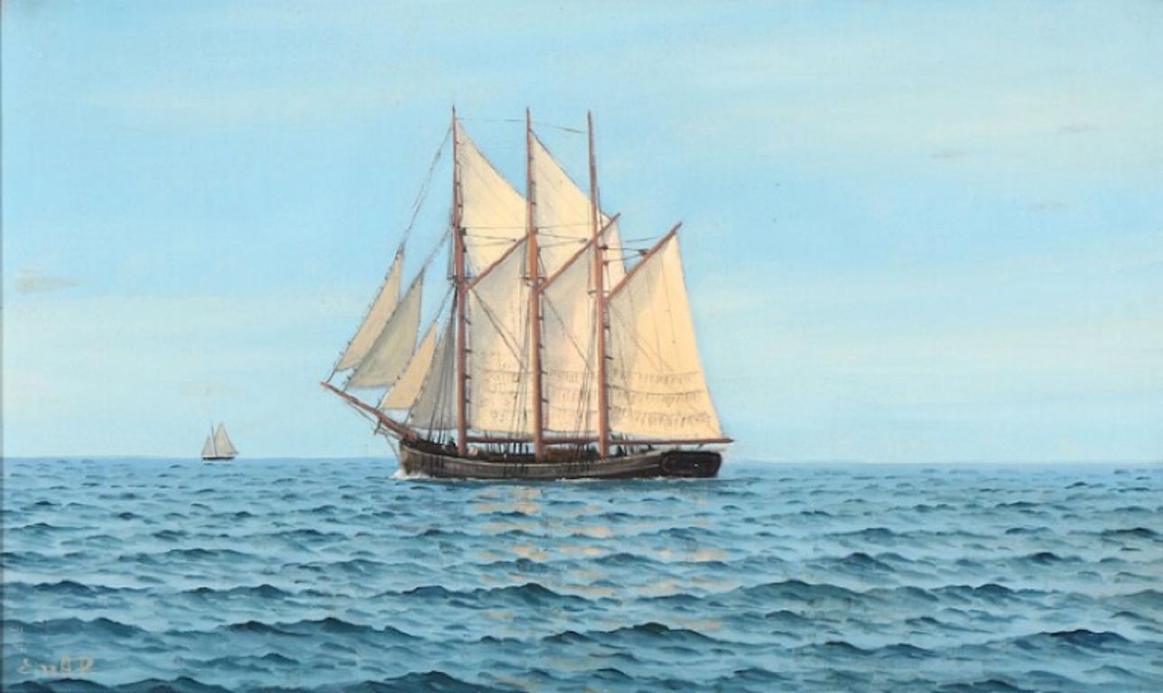 Seascape with sailing ships on a calm day. Signed Em. A. P. Oil on canvas.
