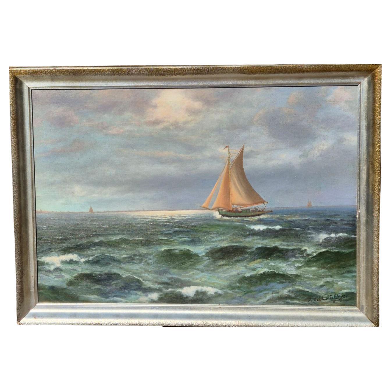 Paysage marin avec bateau à voile par Alexander Reich-Staffelstein, 20e siècle