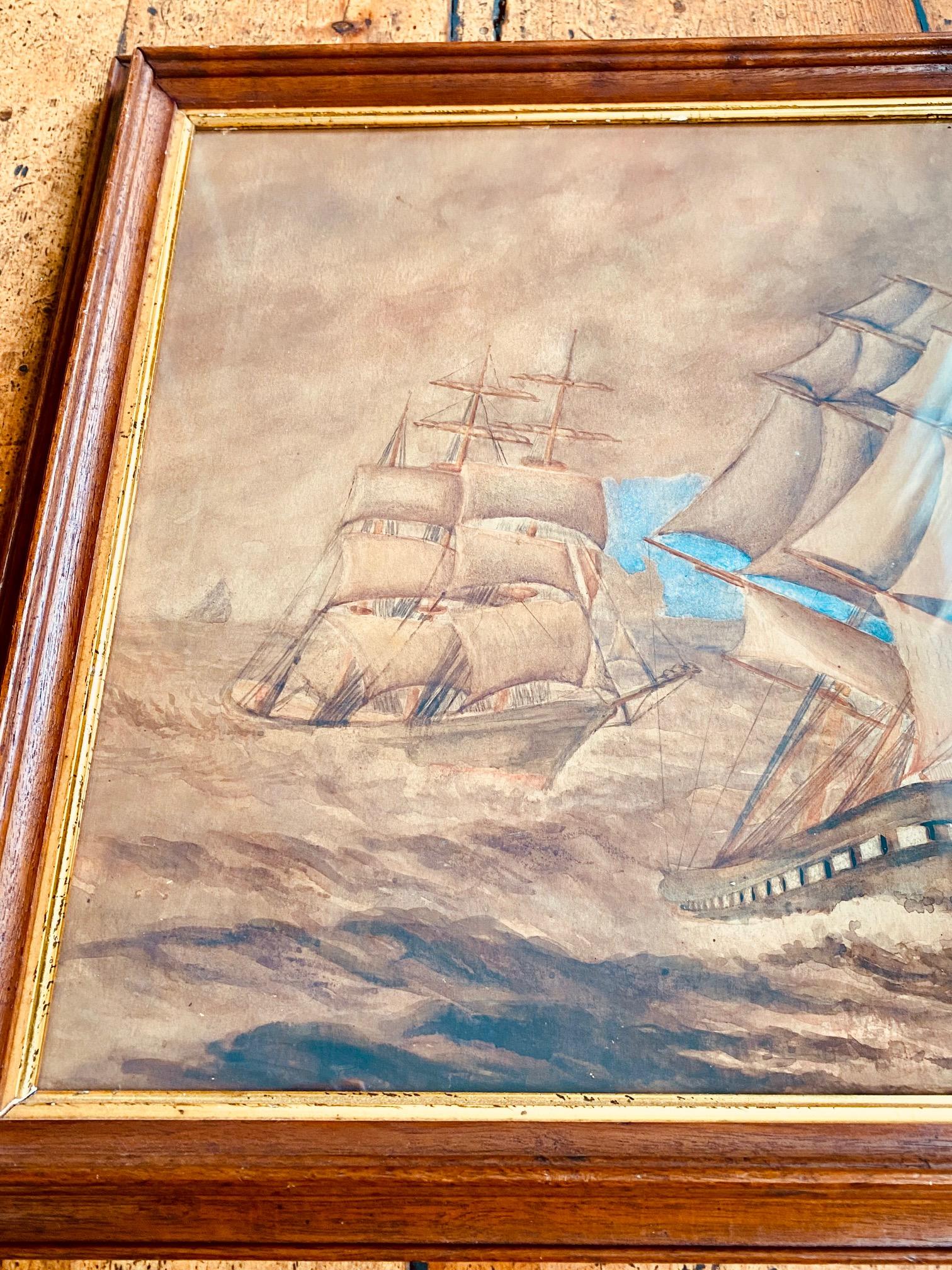 Antique Seascape with square-rigged ship racing a Barkentine, by C.A.S. Orne, 1920, a watercolor on paper stormy seascape with two square-riggers running before the wind, with choppy seas and storm clouds piling high, a lighthouse on the lee shore