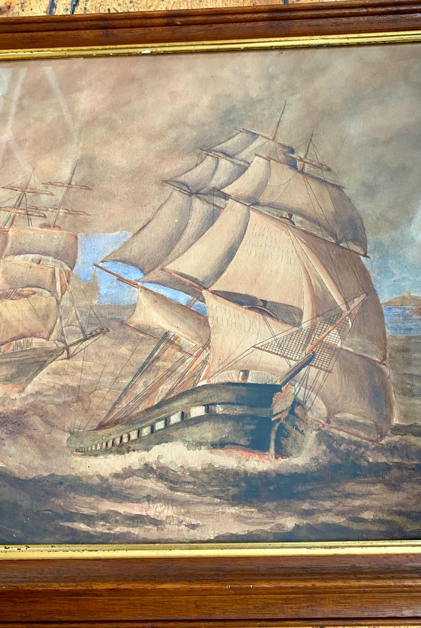 Folk Art Seascape with Ship Racing a Barkentine, by C.A.S. Orne, 1920 For Sale
