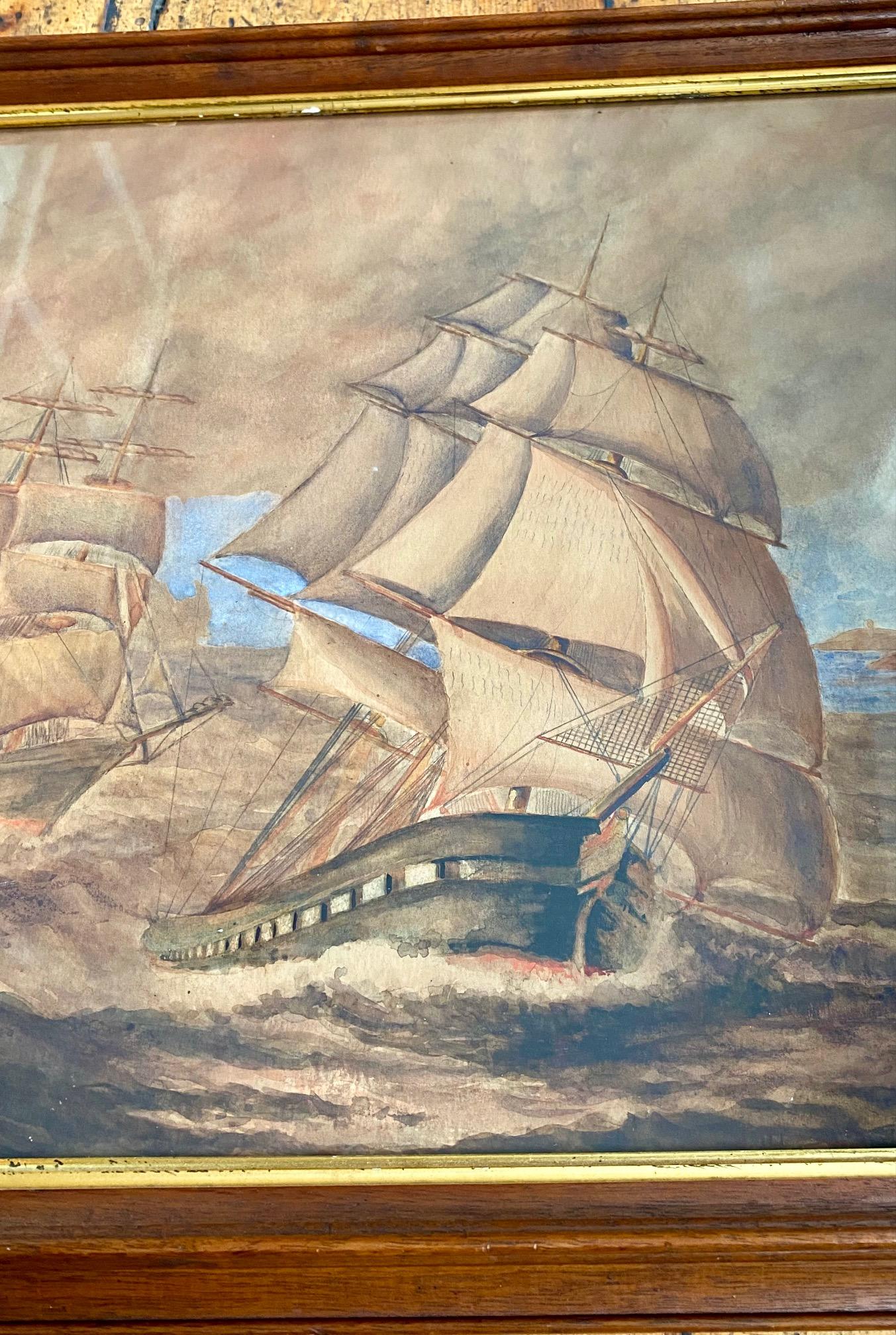 Arte popolare Paesaggio marino con nave che corre su un barchino, di C.A.S. Orne, 1920 in vendita