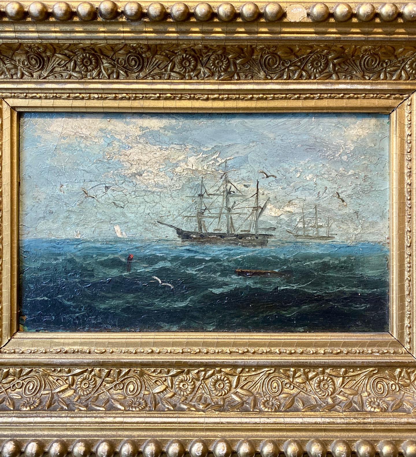 19th century seascape with whale ship, by J.H. Appleby, circa 1880, an oil on board view of a square rigged bark on the high seas, with another bark and another sail in the background, gulls in the air, a red buoy and perhaps a whale in the