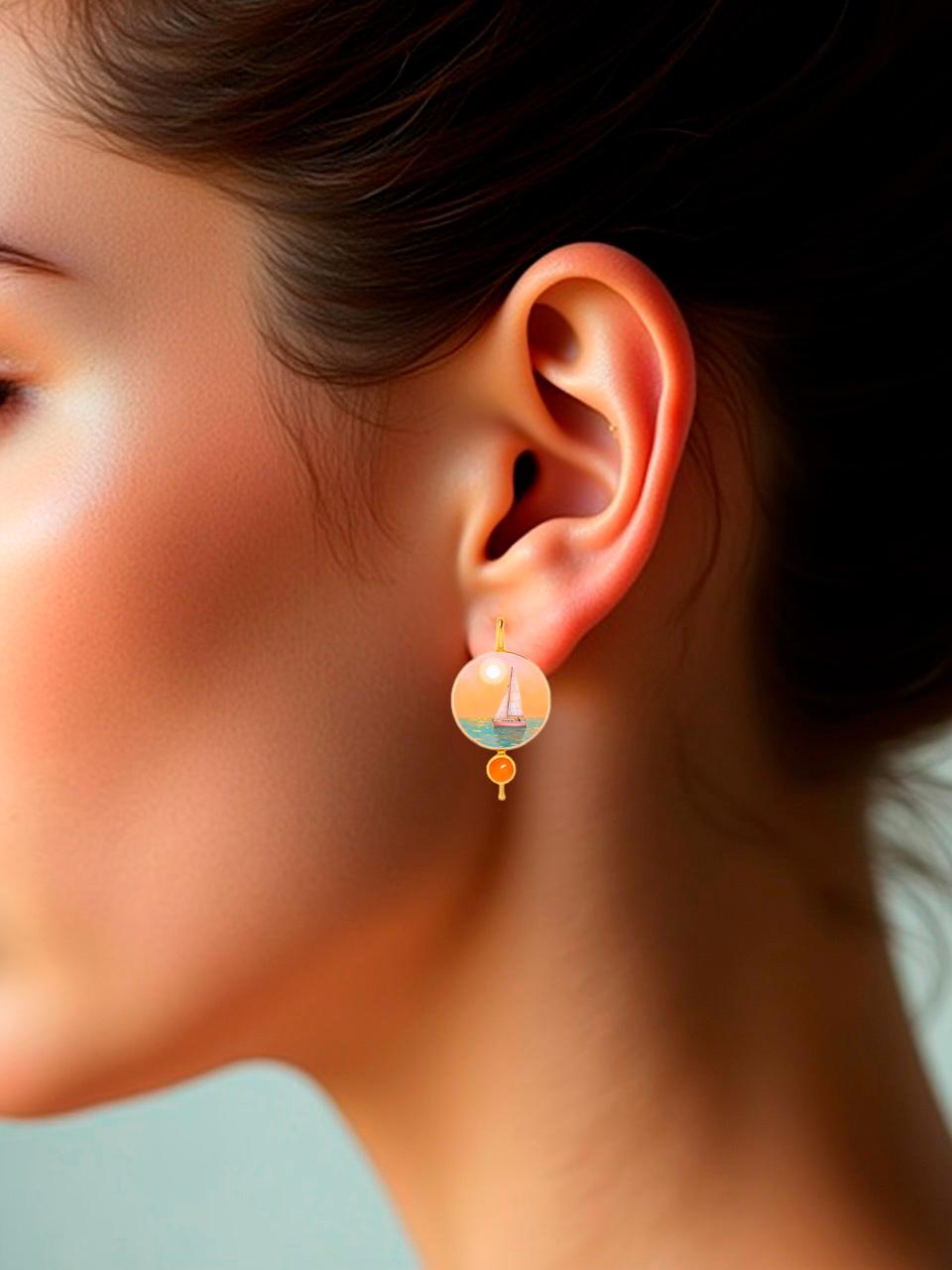  Mother Of Pearl Shell Stud Earrings with carnelian and sea sailing boat, yacht drawing. Handmade sea, ocean yacht Shell Earrings with carnelian. Beach Wedding bridal stud earrings. Mother of pearl beach earrings. Shell paint earrings. Wearable art