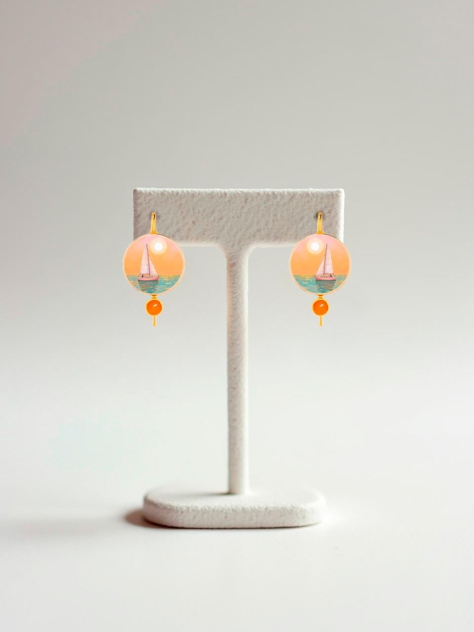 Modern Seascape with yacht earrings with carnelian and Mother of pearl For Sale