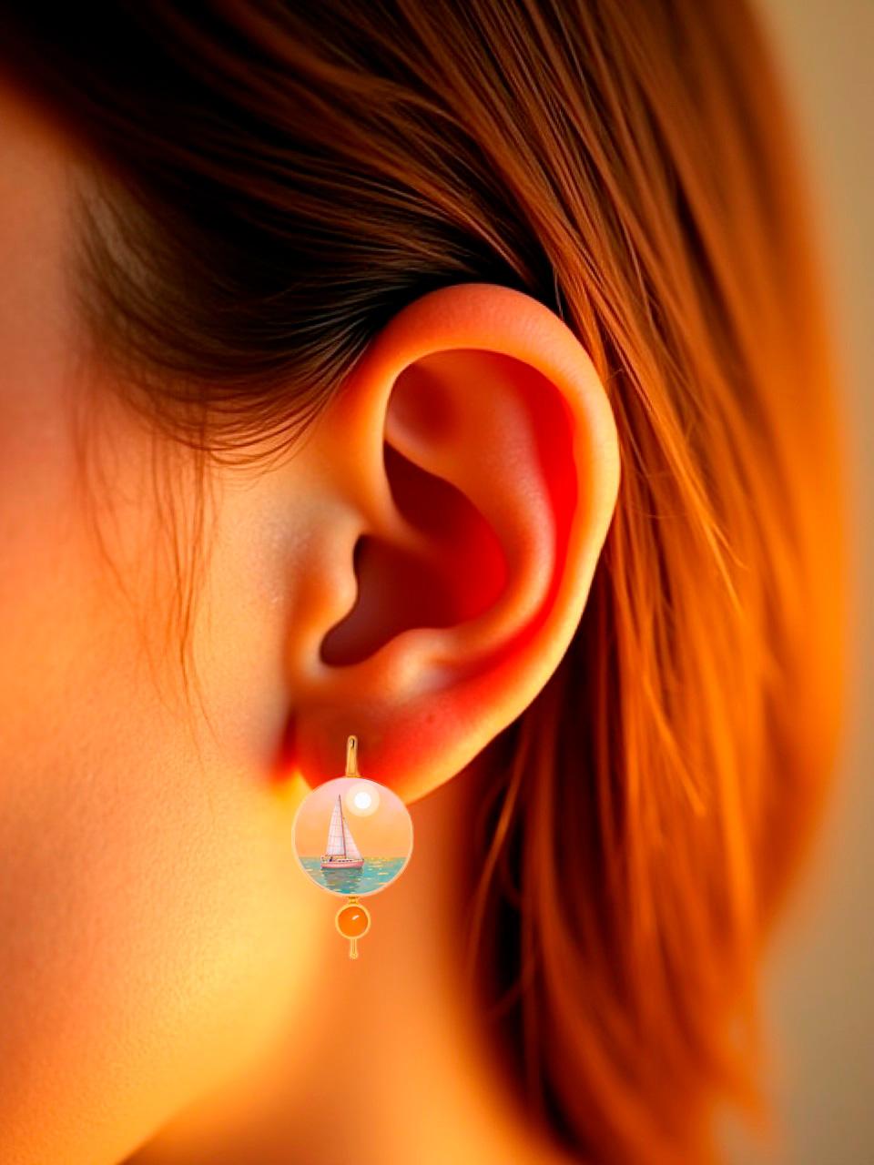 Seascape with yacht earrings with carnelian and Mother of pearl In New Condition For Sale In Istanbul, TR
