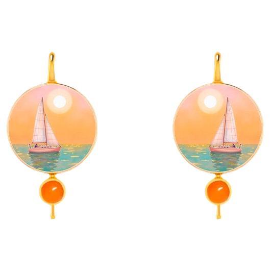 Seascape with yacht earrings with carnelian and Mother of pearl For Sale