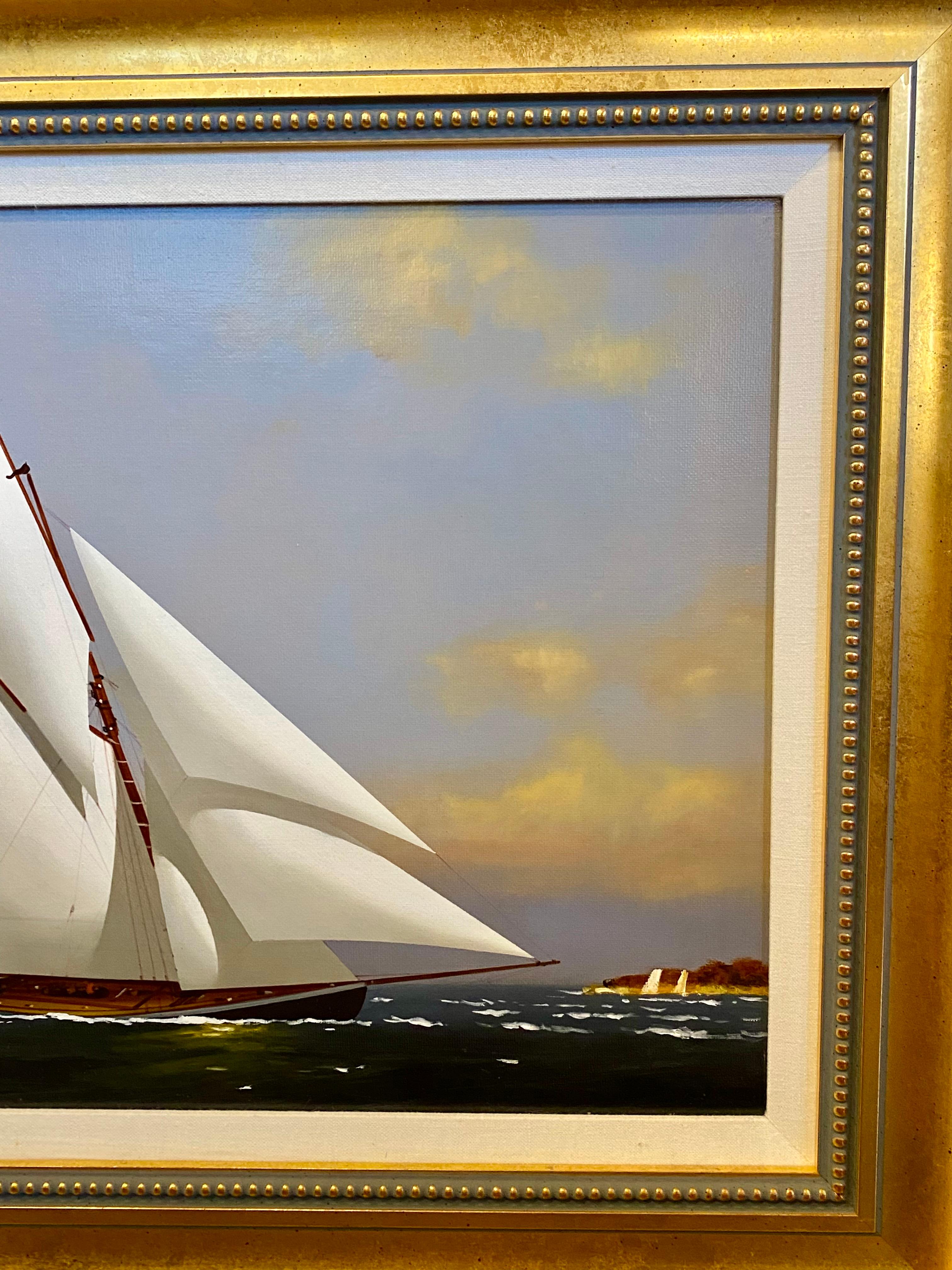 Seascape with Yachts Racing off Coast, by Vern Broe (1930 - 2011), circa 1990s, an oil on panel modern realist painting with a sloop-rigged yacht sailing along a Nantucket or Cape Cod shoreline, with another sloop and other sails in the background;