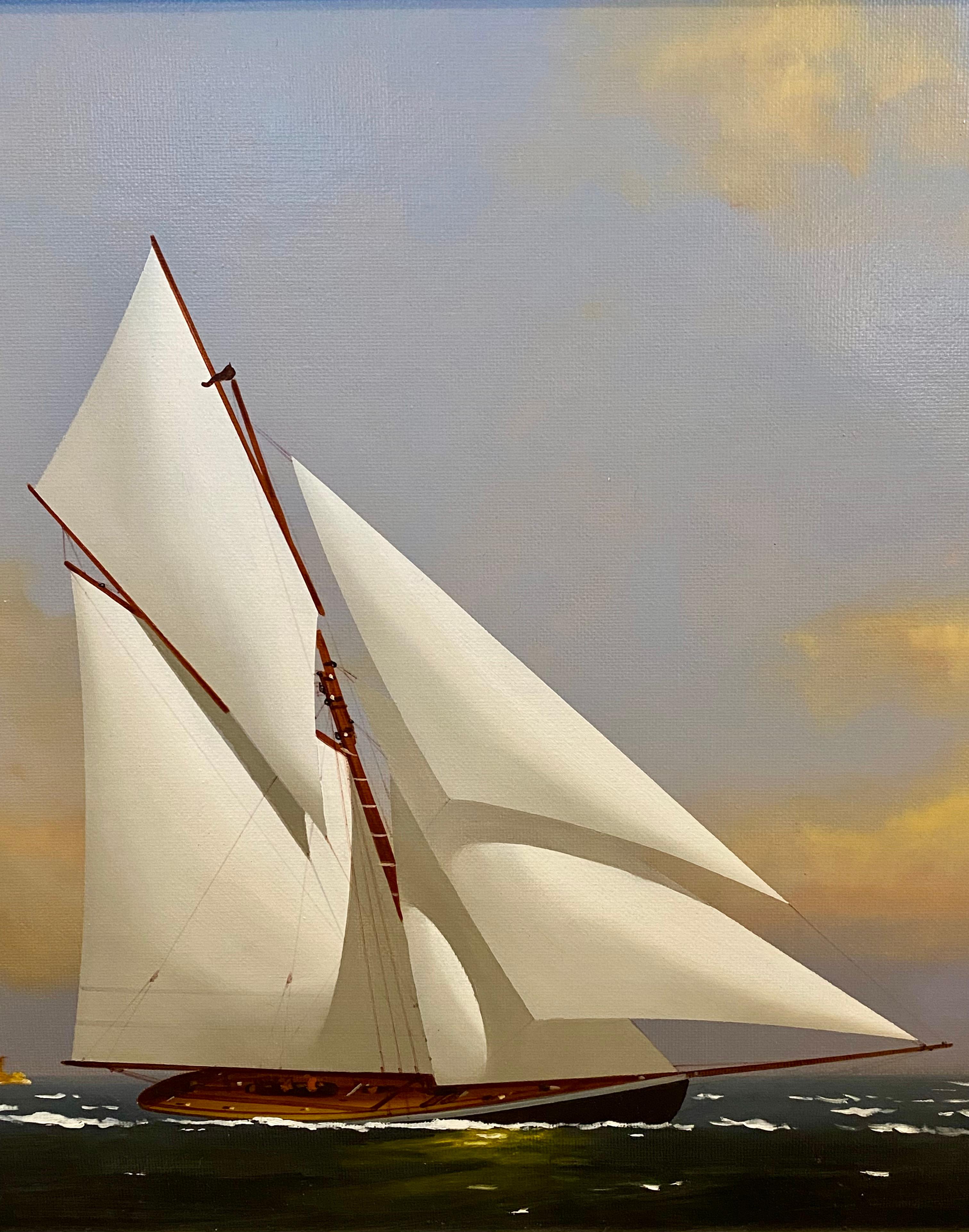 Hand-Painted Seascape with Yachts Racing off Coast, by Vern Broe (1930 - 2011), ca 1990s